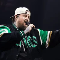 Jelly Roll sported Celtics finery for his performance at TD Garden Thursday. (Ben Stas for The Boston Globe)