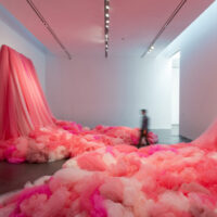 Ana María Hernando, Seguimos cantando (Waterfalls), 2025-26, installation view, MCA Denver, tulle, wood, wire mesh, felt, plastic fasteners, velvet. Photo: Wes Magyar. Courtesy the artist.
